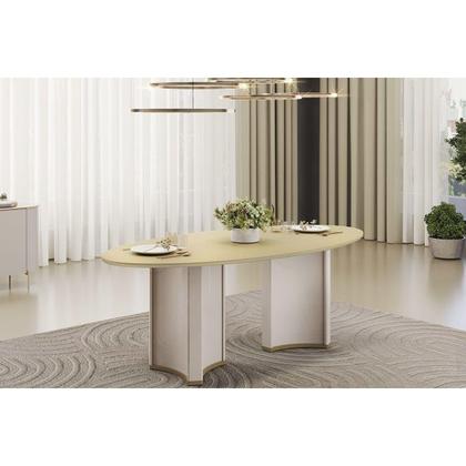 Imagem de Mesa Multiuso Cozinha Liz c/ Tampo Madeirado c/ Vidro Oval 218x108cm Off White/Off White - DJ Móveis