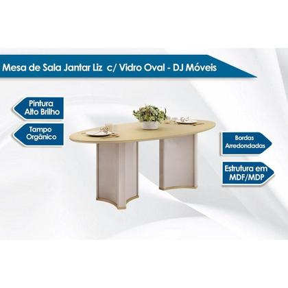 Imagem de Mesa Multiuso Cozinha Liz c/ Tampo Madeirado c/ Vidro Oval 218x108cm Off White/Off White - DJ Móveis