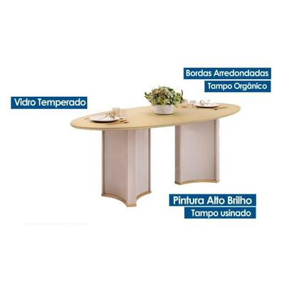Imagem de Mesa Multiuso Cozinha Liz c/ Tampo Madeirado c/ Vidro Oval 218x108cm Off White/Off White - DJ Móveis