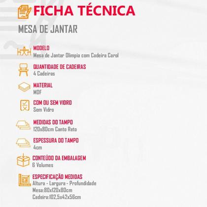 Imagem de Mesa Olímpia 120cm Mdf Canto Reto Com 4 Cadeiras Carol