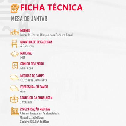 Imagem de Mesa Olímpia 120cm Mdf Canto Reto Com 4 Cadeiras Carol