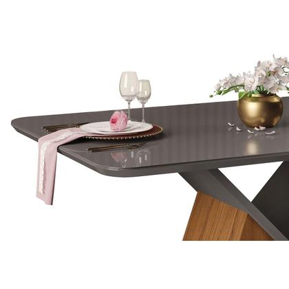 Imagem de Mesa p/ Cozinha Argo c/ Tampo Madeirado c/ Vidro Curvo 136x90cm Cedro/Off White - DJ Móveis