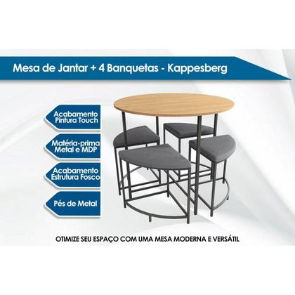Imagem de Mesa p/ Cozinha LI038 c/ Tampo Madeirado 90 cm + 4 Banquetas Canela/Branco - Kappesberg