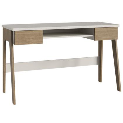 Imagem de Mesa Para Computador Escrivaninha Escritório Home Office Quarto Nicho 2 Gavetas MDF Branco Marrom