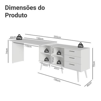 Imagem de Mesa Para Computador Gamer Em L 3 Gavetas Branco Lisboa Madesa