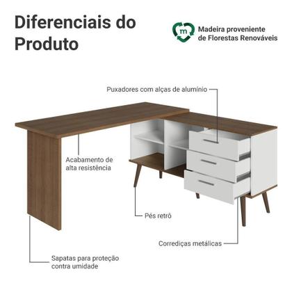 Imagem de Mesa Para Computador Gamer Em L 3 Gavetas Branco/rustic Lisboa Madesa