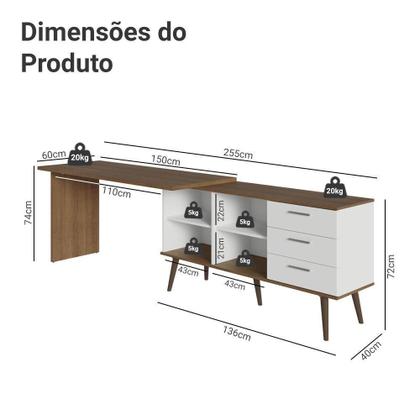 Imagem de Mesa Para Computador Gamer Em L 3 Gavetas Branco/rustic Lisboa Madesa