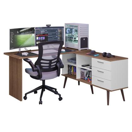 Imagem de Mesa para Computador Gamer em L 3 Gavetas Branco/Rustic Lisboa Madesa
