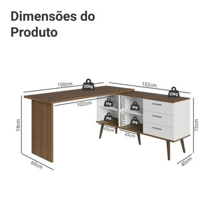 Imagem de Mesa para Computador Gamer em L 3 Gavetas Branco/Rustic Lisboa Madesa