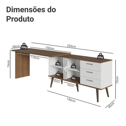 Imagem de Mesa para Computador Gamer em L 3 Gavetas Branco/Rustic Lisboa Madesa