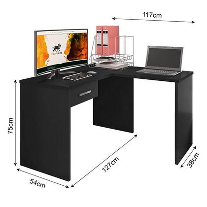 Imagem de Mesa para Computador Gávea com Gaveta e Extensora e Livreiro Office com Portas Pequenas Preto Trama - Móveis Leão