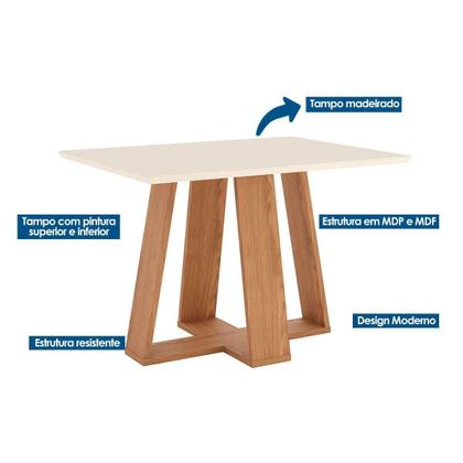 Imagem de Mesa para Cozinha Lins SC91 c/Tampo Madeirado Reto s/ Vidro 120x80cm Nature/Off White - Henn