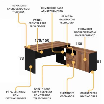 Imagem de Mesa para Escritório 2 Gavetas 1 Porta Yaris Marrom e Preto Web Office