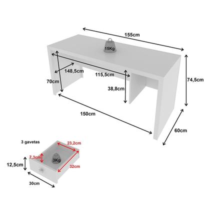 Imagem de Mesa para Escritório c/ 03 Gavetas ME4113 Branco Tecnomobili