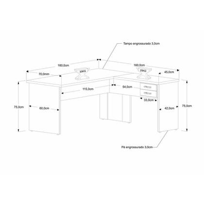Imagem de Mesa Para Escritório Em L 1,60x1,60m Tampo E Pés 30mm C/gav.
