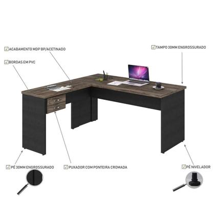 Imagem de Mesa Para Escritório Em L 1,60x1,60m Tampo E Pés 30mm C/gav.