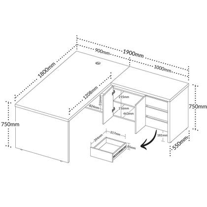 Imagem de Mesa Para Escritório em L 180x190cm 2 Portas e 3 Gavetas Unik A02 Freijó Branco - Lyam Decor