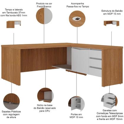 Imagem de Mesa Para Escritório em L 180x190cm 2 Portas e 3 Gavetas Unik A02 Freijó Branco - Lyam Decor