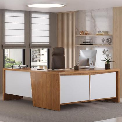 Imagem de Mesa Para Escritório em L 180x190cm 2 Portas e 3 Gavetas Unik A02 Freijó Branco - Lyam Decor
