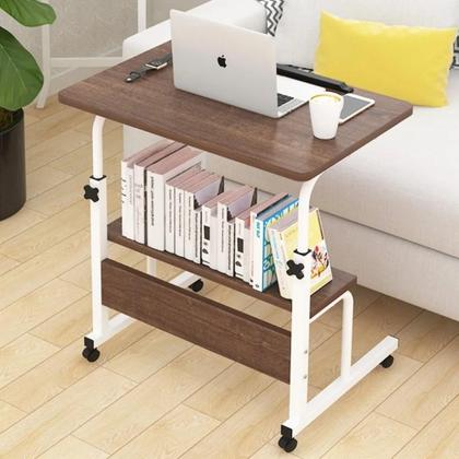 Imagem de Mesa Para Notebook 2 Prateleiras Altura Ajustavel Organizador Estante Home Office Cama Rodinhas Multiuso Marrom