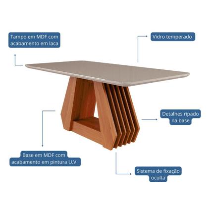 Imagem de Mesa para Sala de Jantar Agata 180 x 90 cm com Tampo MDF/Vidro Cimol Cinamomo/Off White