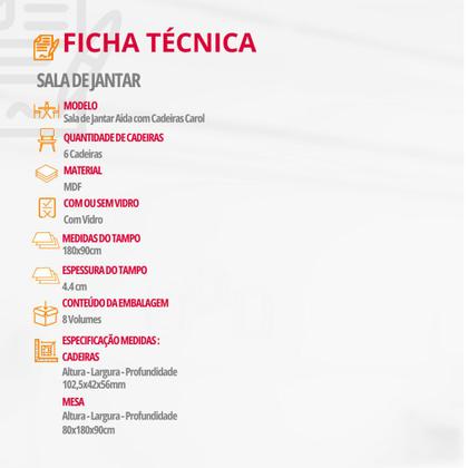 Imagem de Mesa para Sala de Jantar Aida 180cm MDF Canto Copo com Vidro e 6 Cadeiras Carol Moderna Mobília