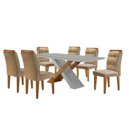 Imagem de Mesa para Sala de Jantar Carol 180cm MDF Canto Copo com Vidro e 6 Cadeiras Carol