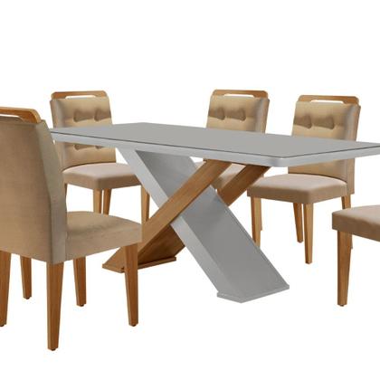 Imagem de Mesa para Sala de Jantar Carol 180cm MDF Canto Copo com Vidro e 6 Cadeiras Carol