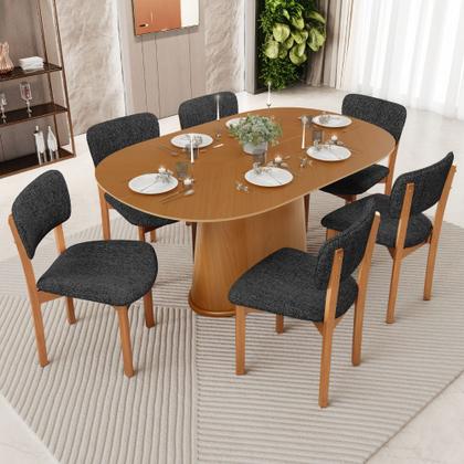Imagem de Mesa Para Sala de Jantar Valência com 06 Cadeiras Sala de Jantar Dara L02 Linho Chumbo - Lyam Decor
