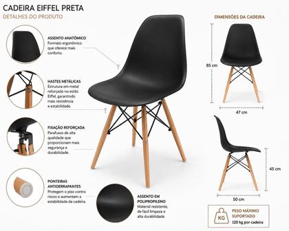 Imagem de Mesa Redonda 90cm Com 4 Cadeiras Eames Eiffel Pés De Madeira Moderna Jantar Cozinha Preta