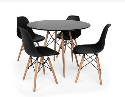 Imagem de Mesa Redonda 90cm Com 4 Cadeiras Eames Eiffel Pés De Madeira Moderna Jantar Cozinha Preta
