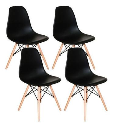 Imagem de Mesa Redonda 90cm Com 4 Cadeiras Eames Eiffel Pés De Madeira Moderna Jantar Cozinha Preta