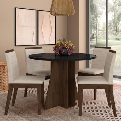 Imagem de Mesa Redonda Com Vidro 4 Cadeiras Bélgica Imbuia/preto/bege - M.a