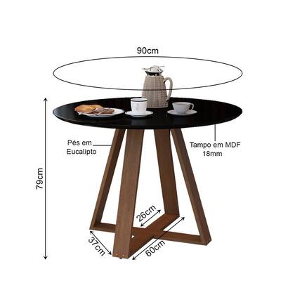Imagem de Mesa Redonda Jantar 90cm Livia Preta Base Madeira Maciça