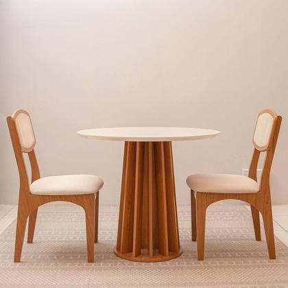 Imagem de Mesa Redonda Jantar Base Ripada c/ 2 Cadeiras Estofadas MDF