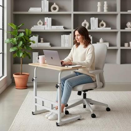 Imagem de Mesa Regulável Notebook Home Office Rodinhas Portátil Marfim