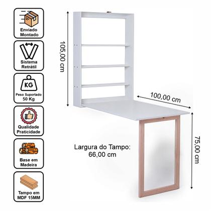 Imagem de Mesa Retrátil de Parede com Organizador Madeira e MDF Branco/Mel - Móveis Britz