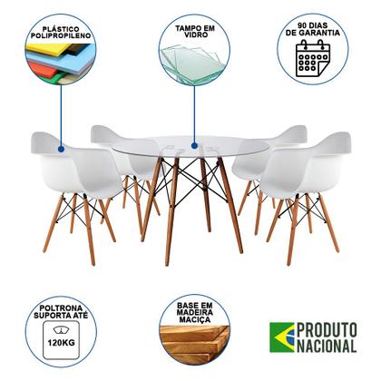 Imagem de Mesa Sala de Jantar Eiffel Eames Redonda Vidro 90cm com 4 Poltronas Brancas Base Madeira Maciça