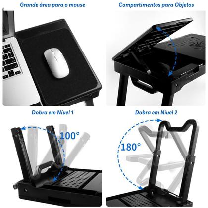 Imagem de Mesa Suporte Dobrável para Notebook com Cooler 4 Portas USB Lâmpada LED Mouse Pad Porta Objetos com Ajuste de Altura