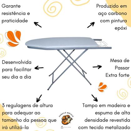 Imagem de Mesa Tábua de Passar Roupa Extra Forte Tecido Metalizado Prata