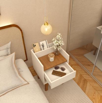Imagem de Mesinha Cabeceira Branca Criado Retrô Pés Madeira Mdf Quarto