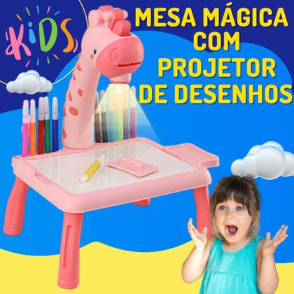 Imagem de Mesinha Girafa Com Projetor De Desenho Interativo Infantil Lousa Mágica Mesa Girafinha de Brinquedo para Desenhar Pintar de Criança Rosa