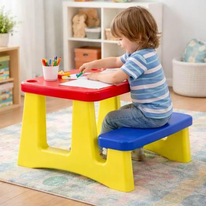 Imagem de Mesinha Infantil com Banco Tramontina Escolar Mesa Atividades Brincar Plástico Colorido +2 anos