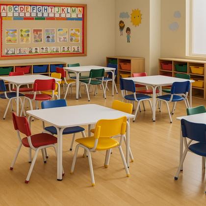 Imagem de Mesinha Infantil Tampo Mdf MDP Branco C 4 Cadeiras Coloridas