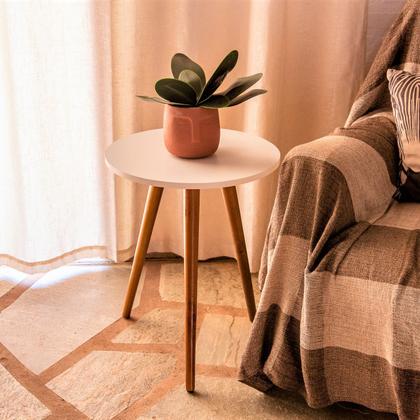 Imagem de Mesinha Lateral Apoio Sofa Mdf Branco E Madeira