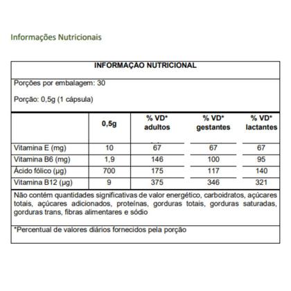 Imagem de Metilfolato de Cálcio + Vit B12 Metilcobalamina + Vit B6 + Vit E 30 Cáps - Flora Nativa