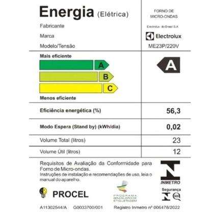 Imagem de Micro-ondas Electrolux 23L Preto Efficient com Descongelamento Assistido (ME23P)