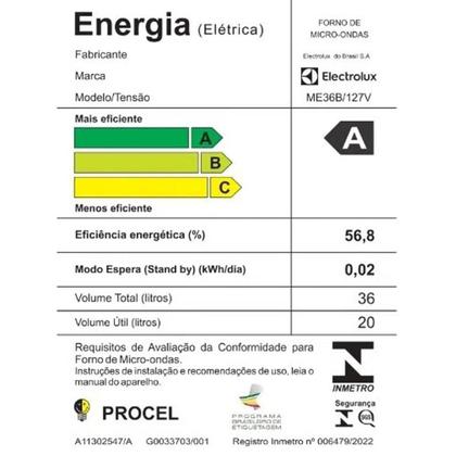 Imagem de Micro-ondas Electrolux 36 Litros Efficient ME36B, Branco