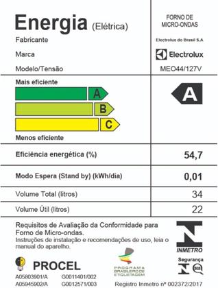 Imagem de Micro-ondas Electrolux Meo44 34l Função Tiraodor/ Aquec 127v 127v