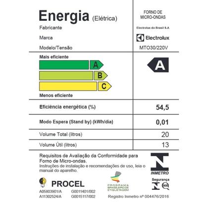 Imagem de Micro-ondas Electrolux MTO30, 20 Litros, Branco